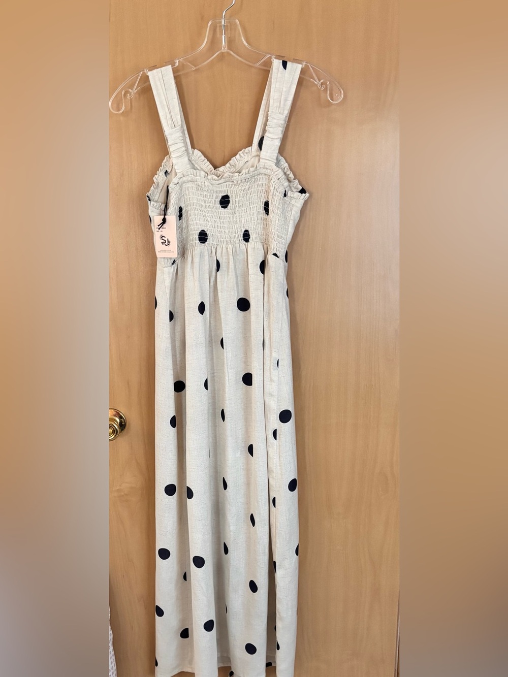 NWT Sincerely Jules Natural & Dark Navy Polka Dot Linen Blend Dress XS - Picture 4 of 12